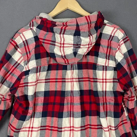 Eddie Bauer Shirt Jacket Women's XL Red Ivory Plaid Hi-Low Button Front Hooded - Picture 7 of 16